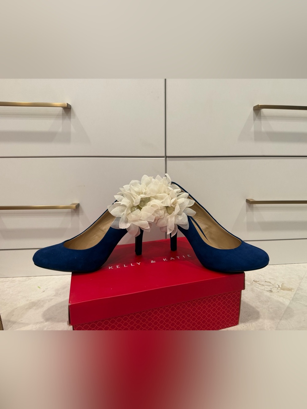 Kelly & Katie Navy Blue Pumps with Cream Floral Embellishment